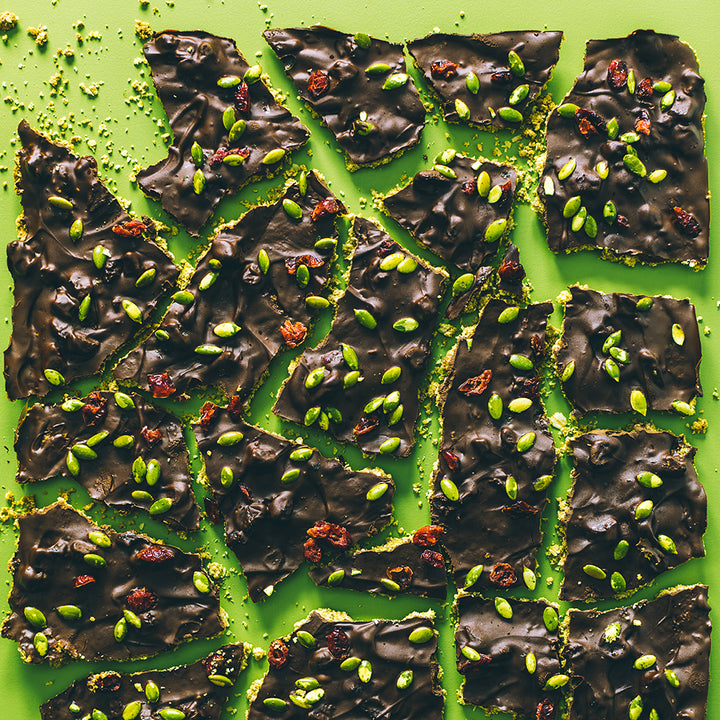 Chocolate Sunflower Butter Bark with Cranberries and Pumpkin Seeds