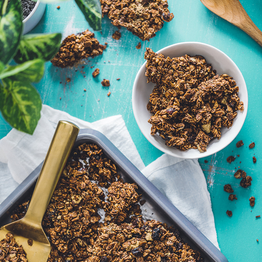 Chocolate granola on blue tabletop