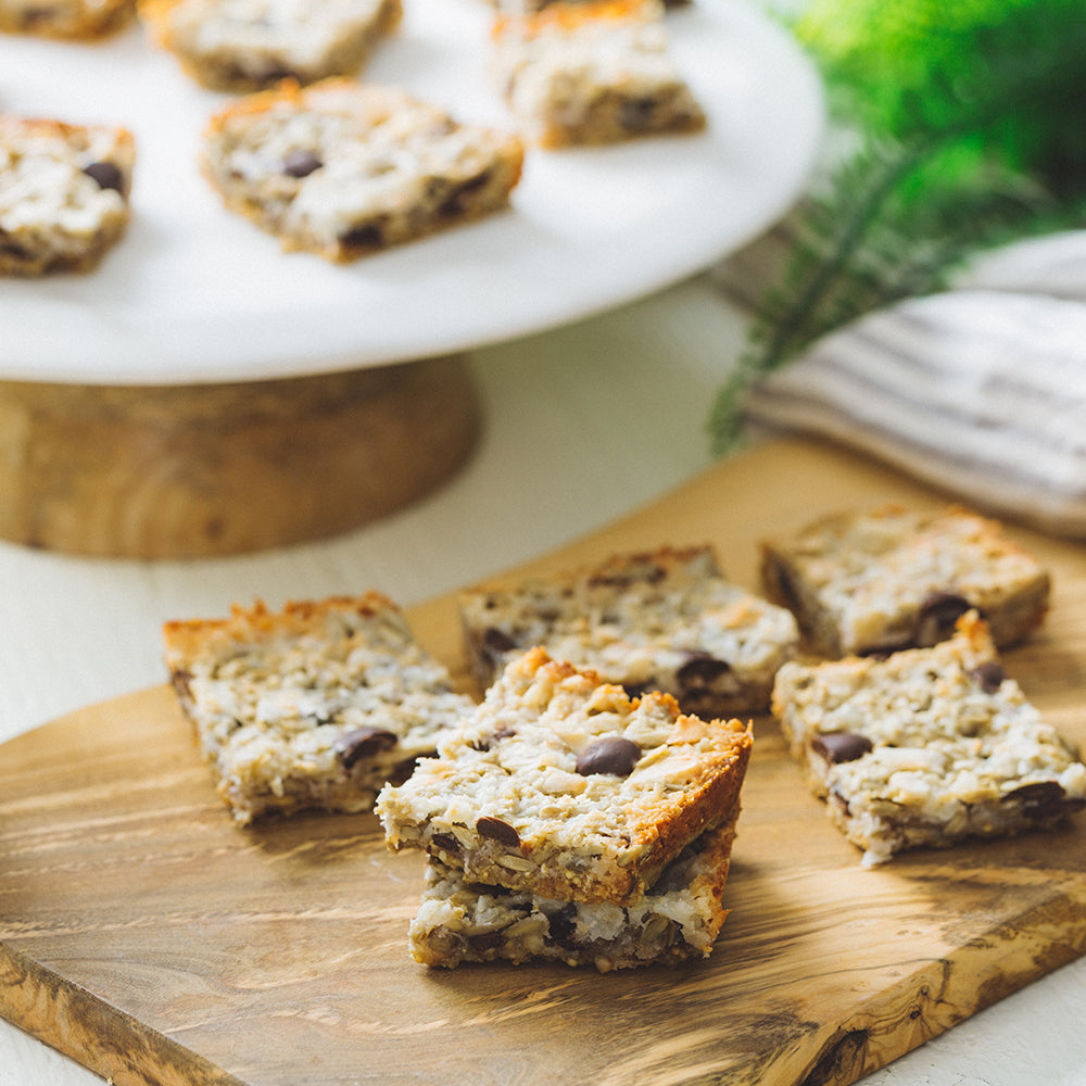 Dairy-free Granola, Sunbutter Chocolate Chip and Coconut bars with crispy, baked edges