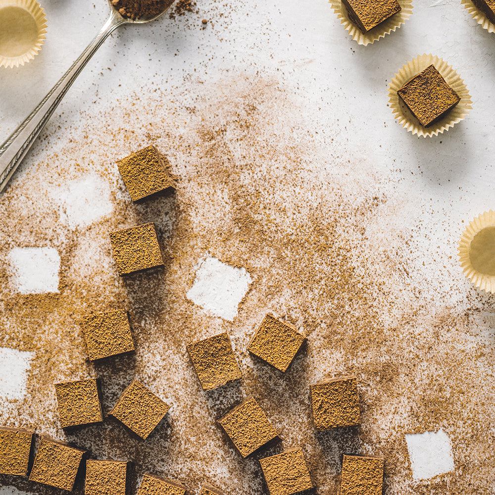 Square Chocolate Truffles Dusted with Cinnamon and Cocoa Powder