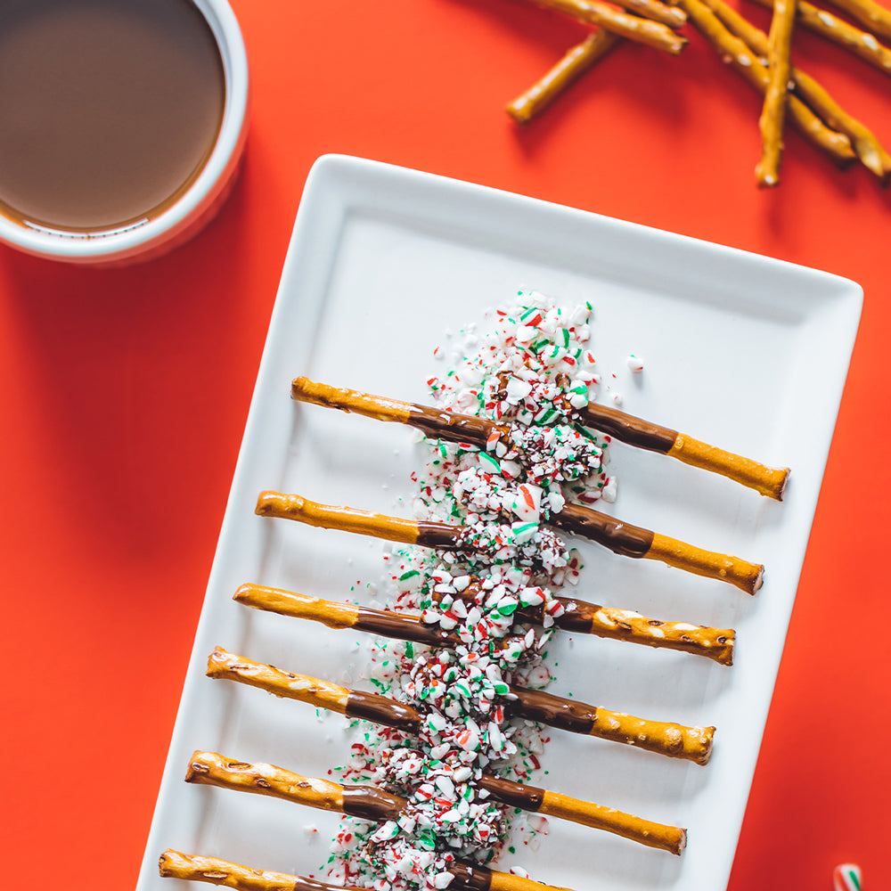 Dark Chocolate Mint Covered Pretzel Sticks