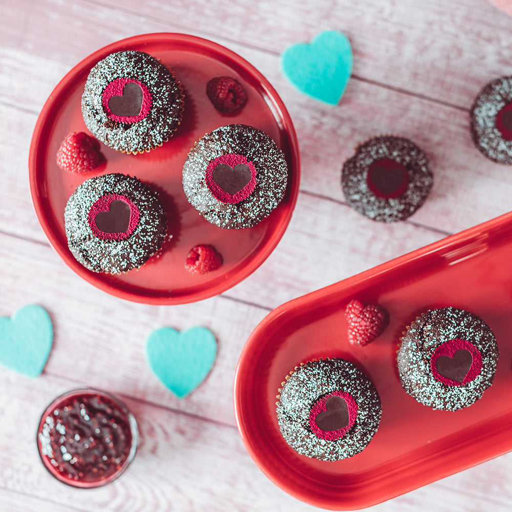 Raspberry Filled Chocolate Cupcakes with Dark Chocolate Sunflower Butter Mini Cups