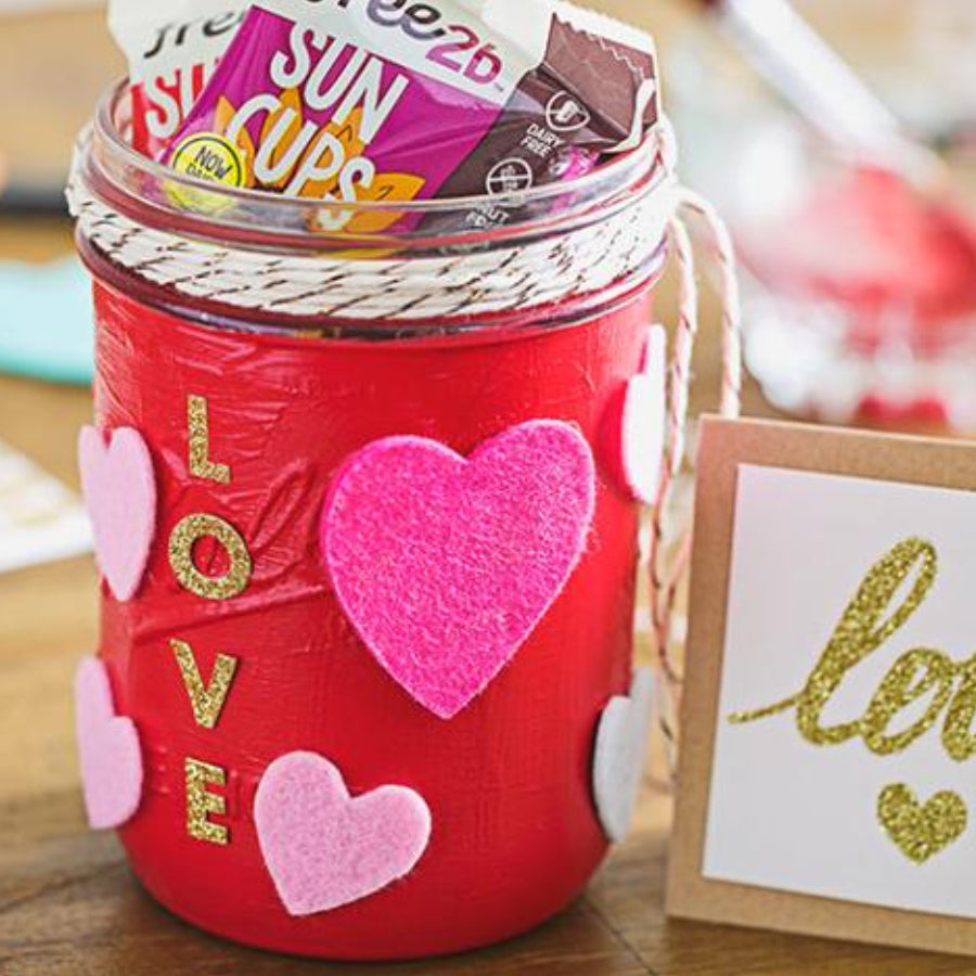 Decorated Valentine Mason Jar Filled with Chocolate Sun Cups