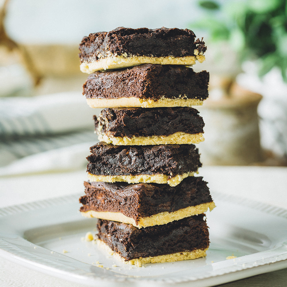 Tall stack of Fudgy, Chocolate Shortbread Brownies