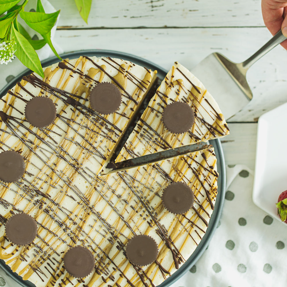 Slice of cake ready to serve, topped with suncups and drizzled chocolate and sunbutter