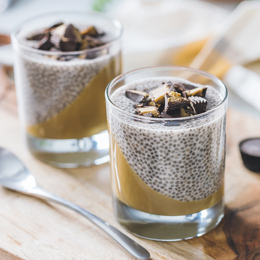 Sunflower Butter Cup Chia Pudding Parfait Topped with Chopped Sun Cup Minis