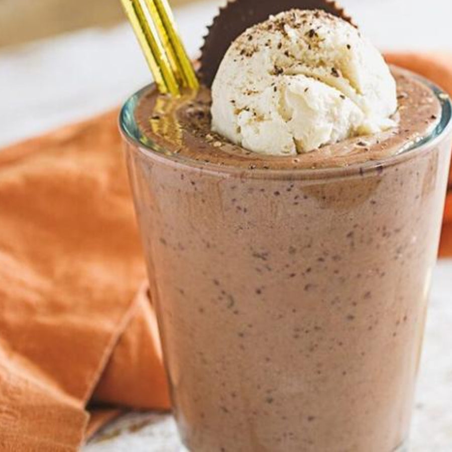 Dark Chocolate Cherry Shake With Sun Cups, Garnished with Scoop of Frozen Dessert